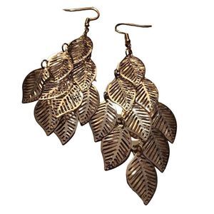 Gold Alloy Layered Leaves Dangle Earrings